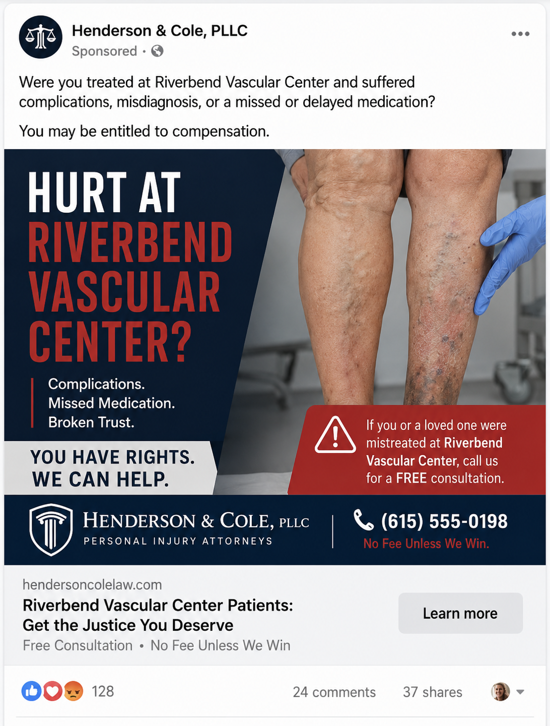 Plaintiff law firm running targeted Facebook ads against a vascular clinic